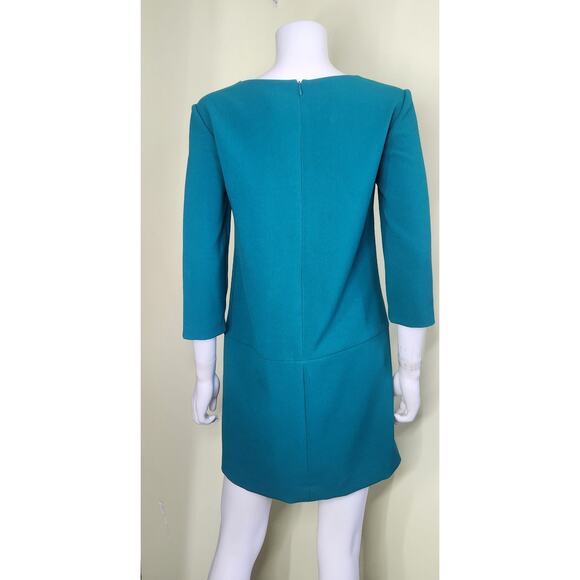 Ann Taylor Shift Sheath Dress Size 2 Teal Green 3/4 Sleeve Zipper Accent Classic - Picture 3 of 10